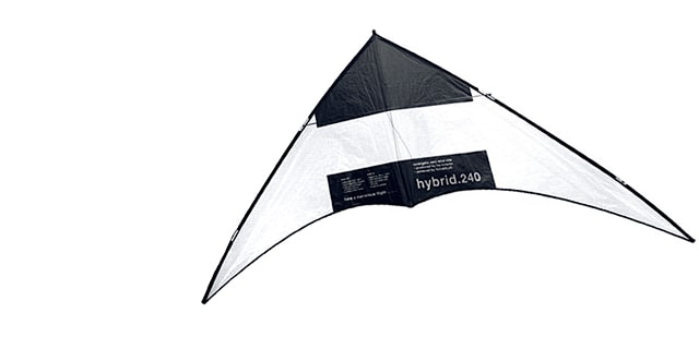 The hybrid-240 zerowind kite with silver print on the sail.