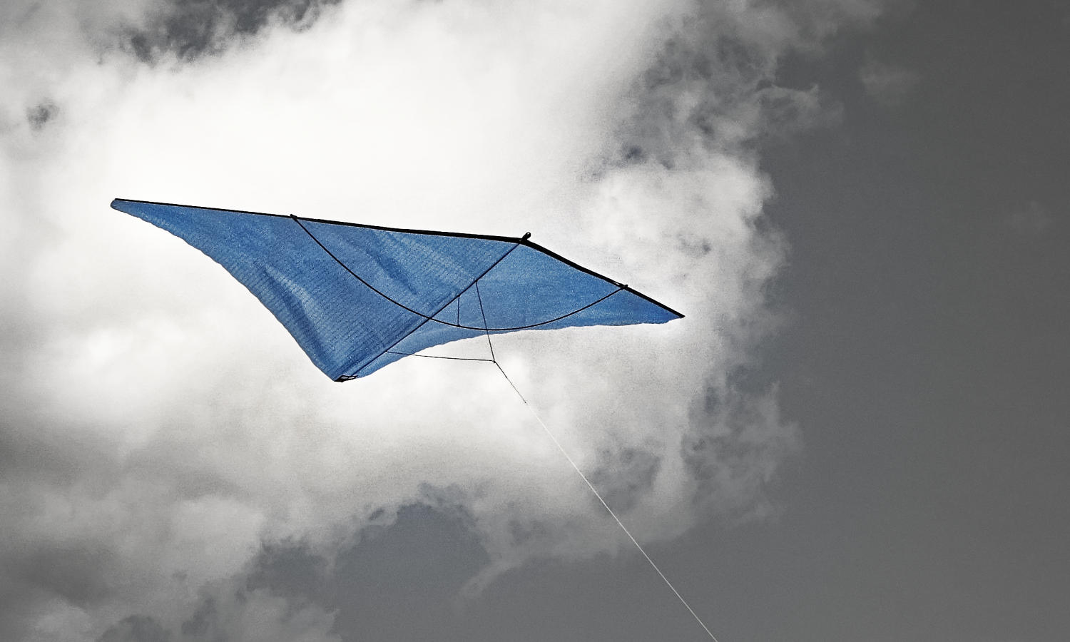 a blue kite flies in stronger wind.