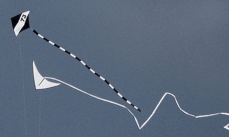 A zerowind and a lightwind kite are floating together on thermals.