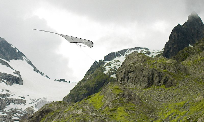 Weisser Nullwinddrachen in einer neutralen, geraden Gleit-Sequenz.