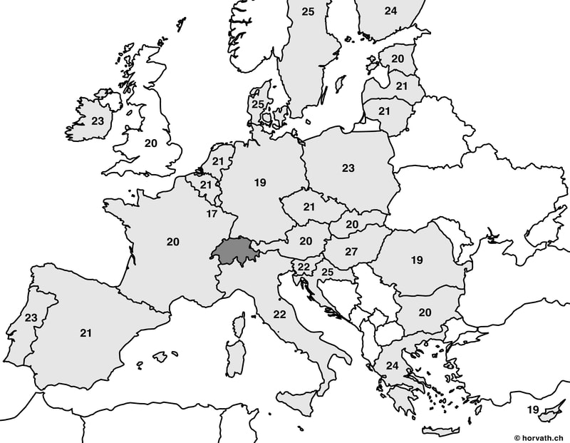 The VAT % amounts in the European union 2022 on a map of Europe.